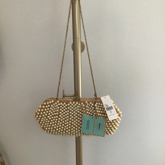 Santi Gemelli Clutch Pearl with Taupe Silk with brass strap - Picture 4 of 16